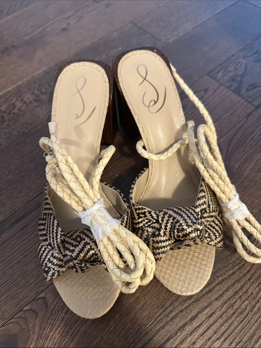 Sam Edelman Bodhi Braided Ankle-Tie Block Heel Sandals in Beige/Black - Picture 9 of 12